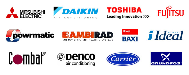 Mitsubishi, Daikin, Toshiba, Fujitsu, Powrmatic, Denco Air Conditioners. Ideal Boilers, Ambirad Heating, Hoval Baxi, Grundfos, Carrier, Combat